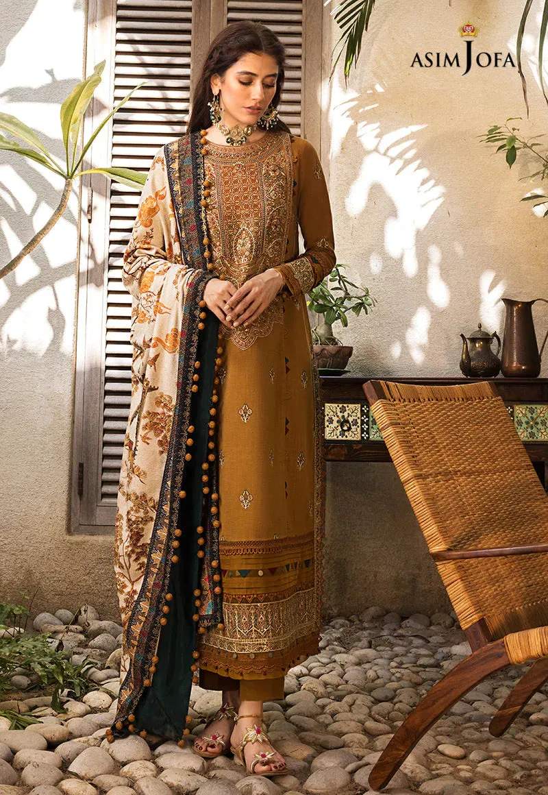 ASIM JOFA - 3PC DHANAK EMBROIDERED SHIRT WITH PRINTED TWILL SHAWL AND TROUSER - HZG1519