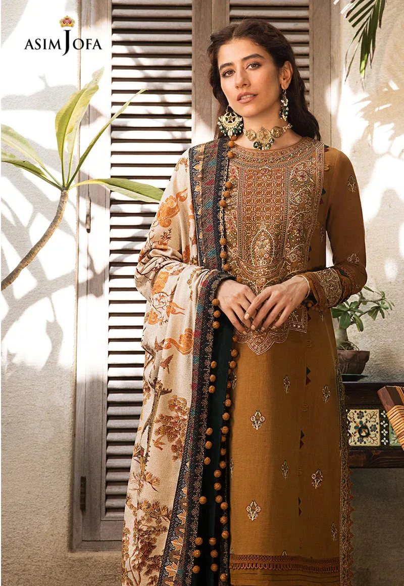 ASIM JOFA - 3PC DHANAK EMBROIDERED SHIRT WITH PRINTED TWILL SHAWL AND TROUSER - HZG1519