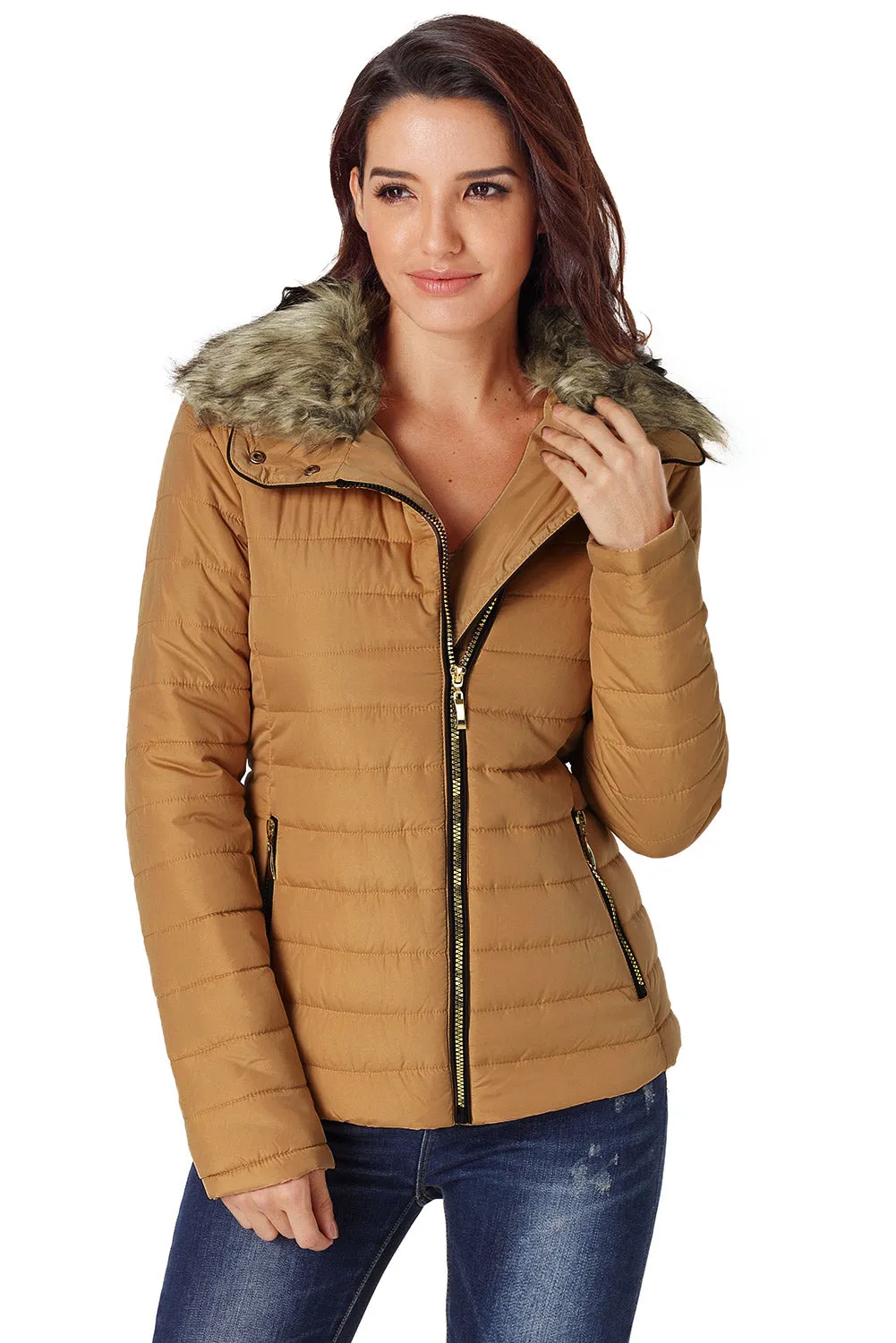 Camel Faux Fur Collar Trim Black Quilted Jacket