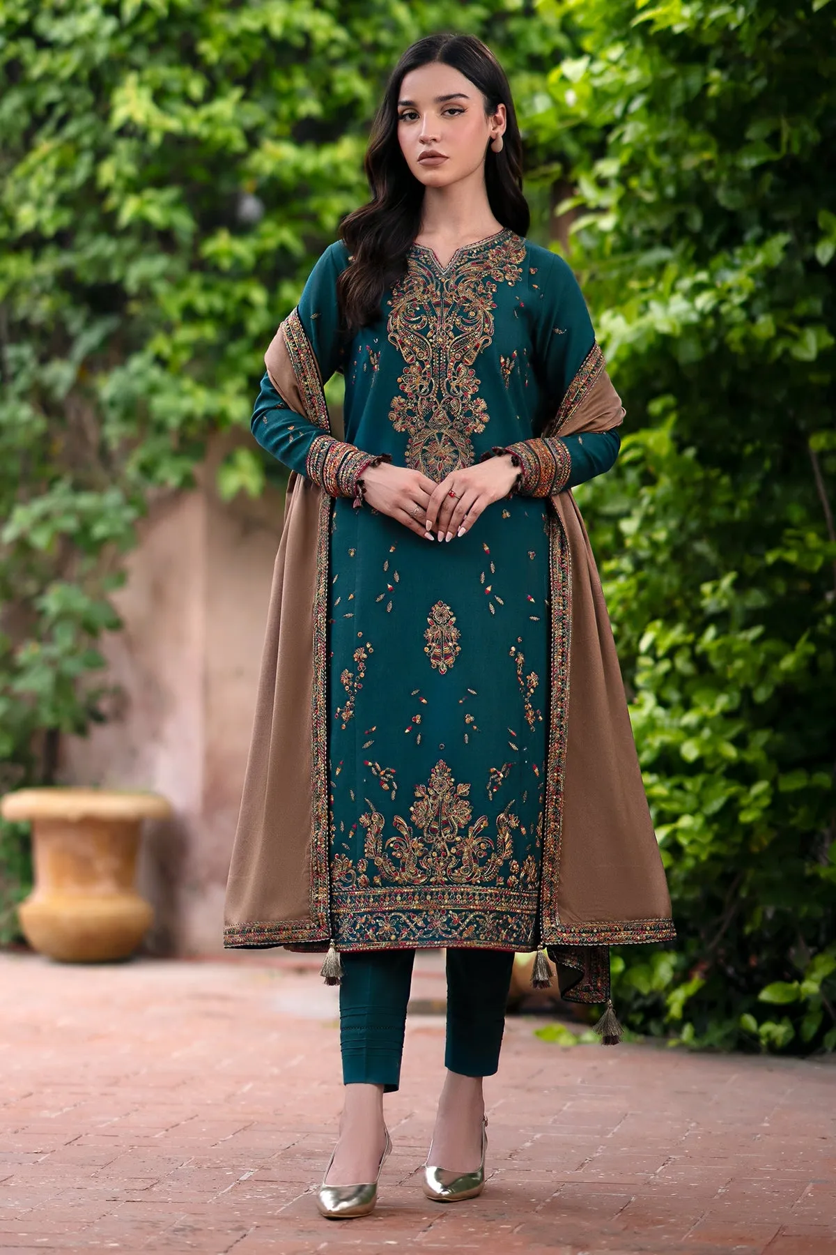 JAZMIN - 3PC DHANAK EMBROIDERED SHIRT WITH DHANAK EMBROIDERED SHAWL AND TROUSER - HZG1844