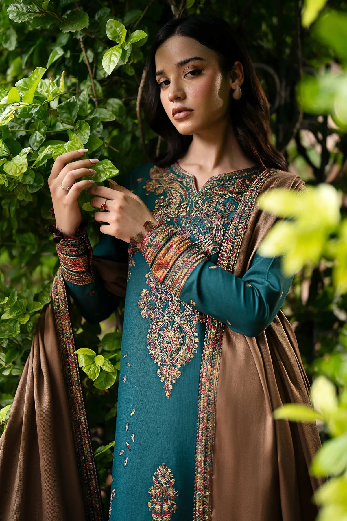 JAZMIN - 3PC DHANAK EMBROIDERED SHIRT WITH DHANAK EMBROIDERED SHAWL AND TROUSER - HZG1844