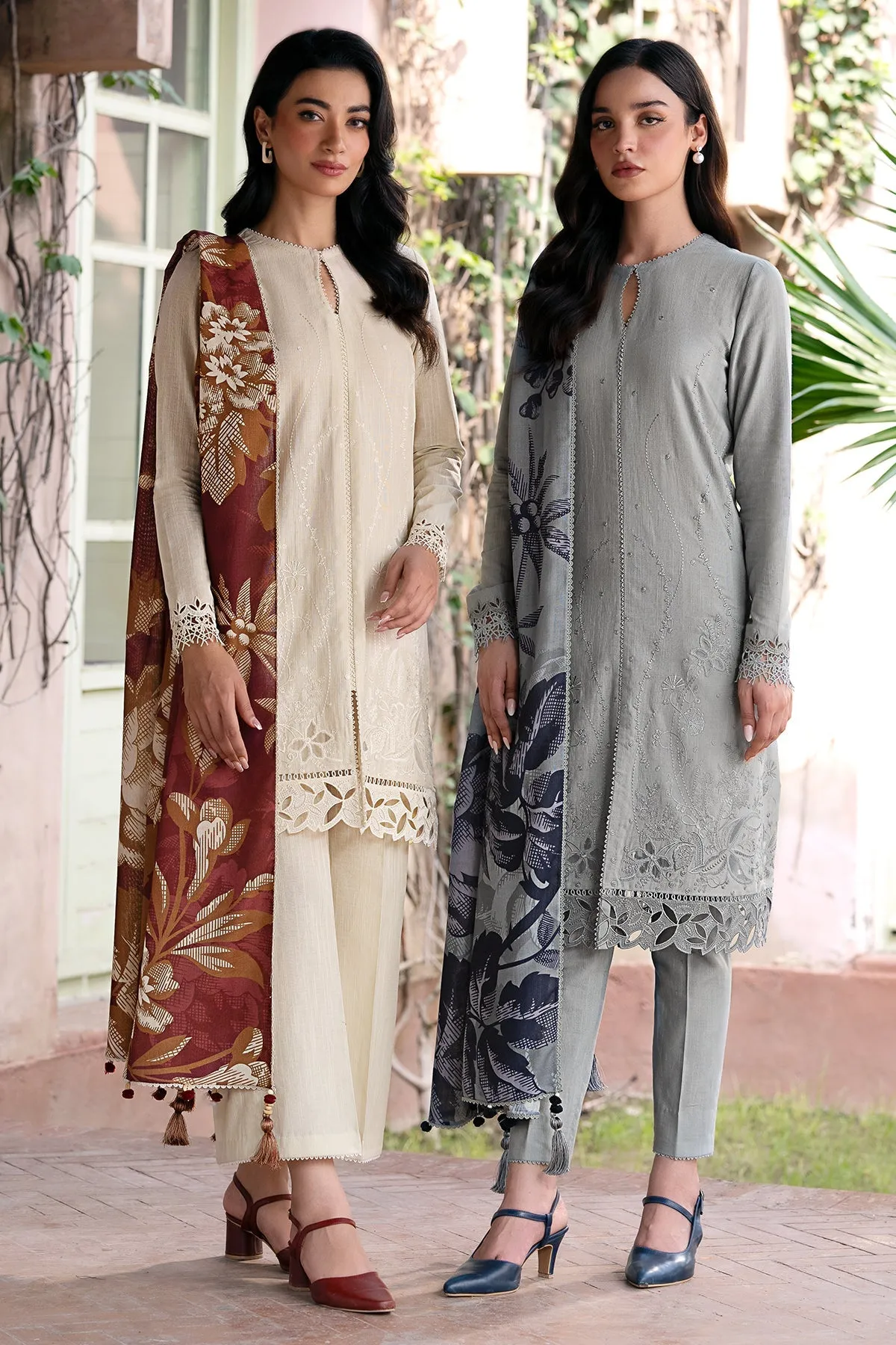 JAZMIN - 3PC DHANAK EMBROIDERED SHIRT WITH TWILL PRINTED SHAWL AND TROUSER - HZG1880