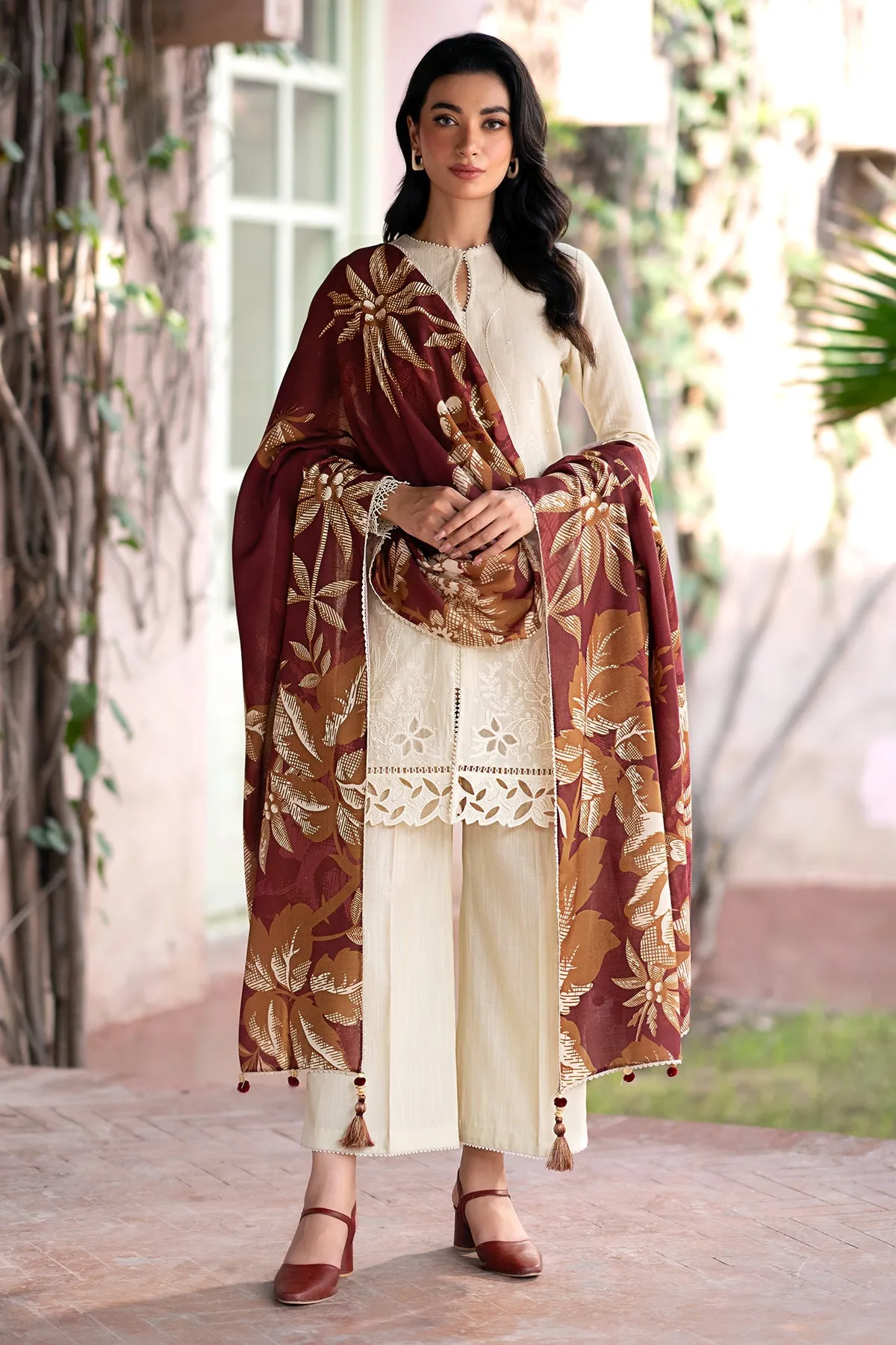 JAZMIN - 3PC DHANAK EMBROIDERED SHIRT WITH TWILL PRINTED SHAWL AND TROUSER - HZG1880