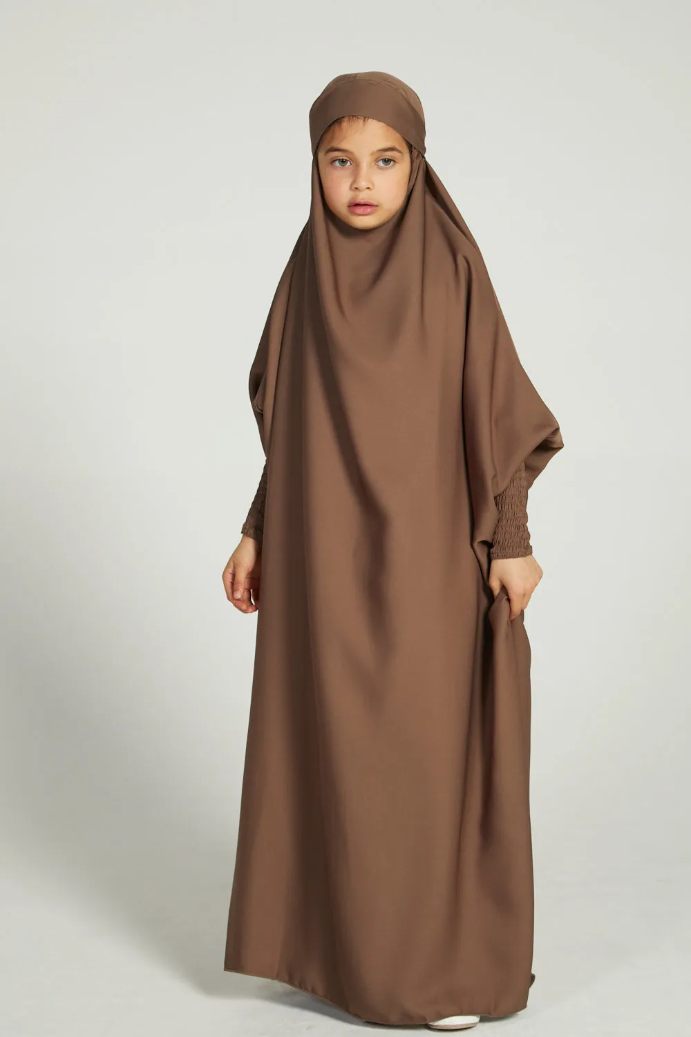 Junior Girls One Piece Full Length Jilbab/ Prayer Abaya - Smokey Taupe