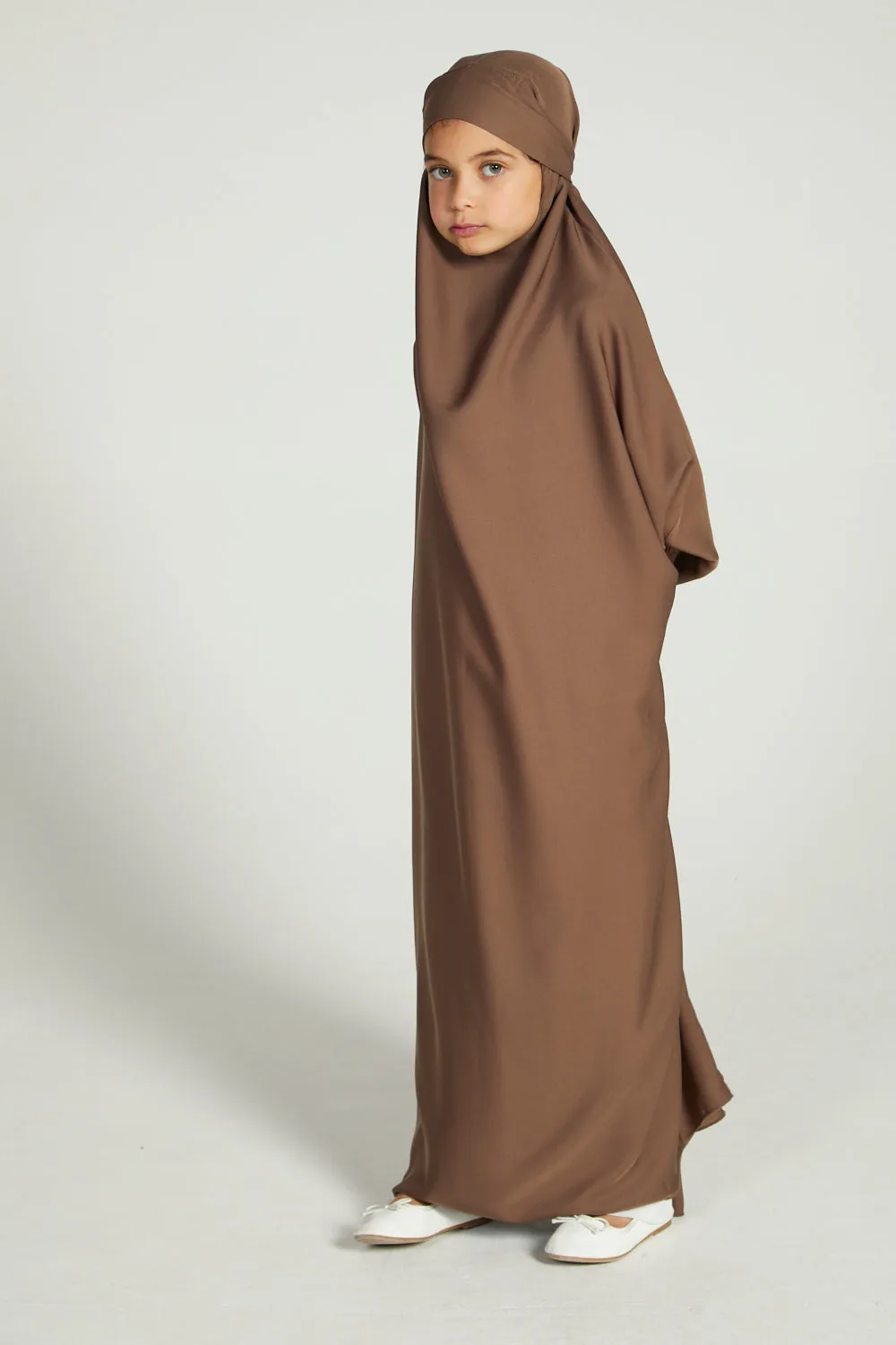 Junior Girls One Piece Full Length Jilbab/ Prayer Abaya - Smokey Taupe