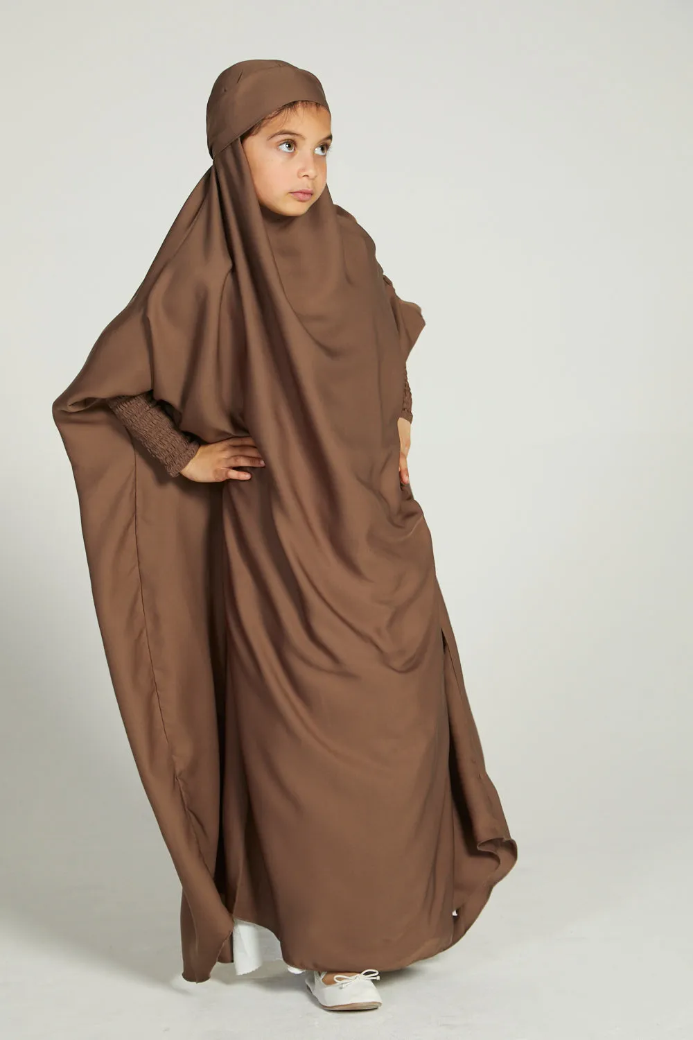 Junior Girls One Piece Full Length Jilbab/ Prayer Abaya - Smokey Taupe