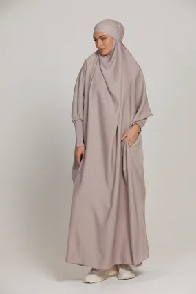 One Piece Full Length Jilbab/ Prayer Abaya - Zipped Cuffs And Pockets - Nude Mink