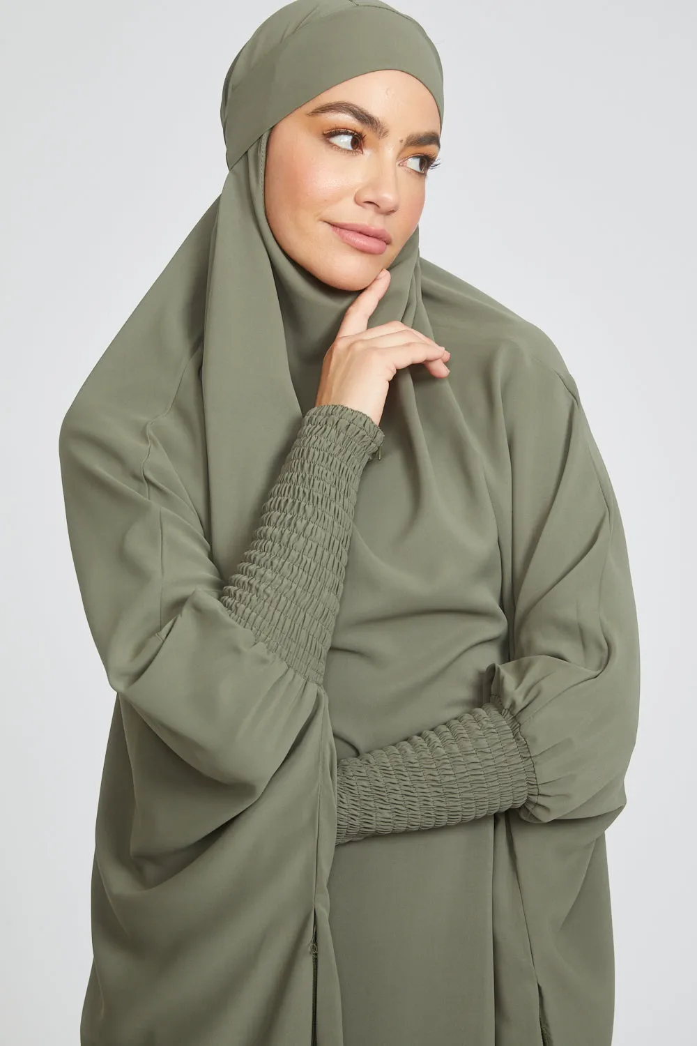 One Piece Full Length Jilbab/ Prayer Abaya - Zipped Cuffs And Pockets - Olive