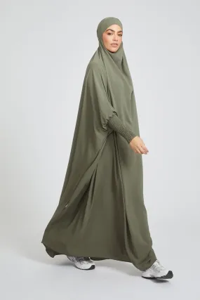 One Piece Full Length Jilbab/ Prayer Abaya - Zipped Cuffs And Pockets - Olive