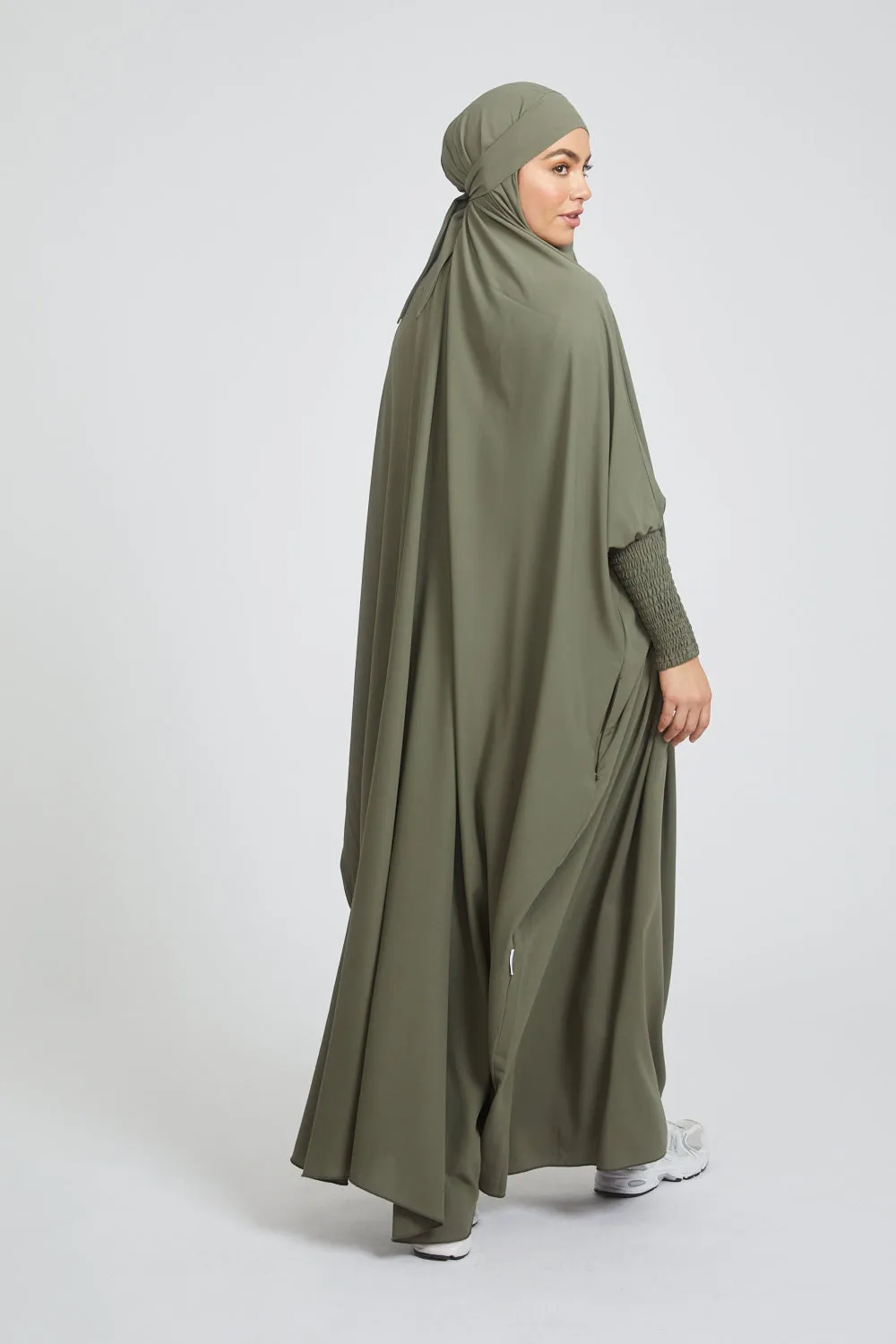 One Piece Full Length Jilbab/ Prayer Abaya - Zipped Cuffs And Pockets - Olive