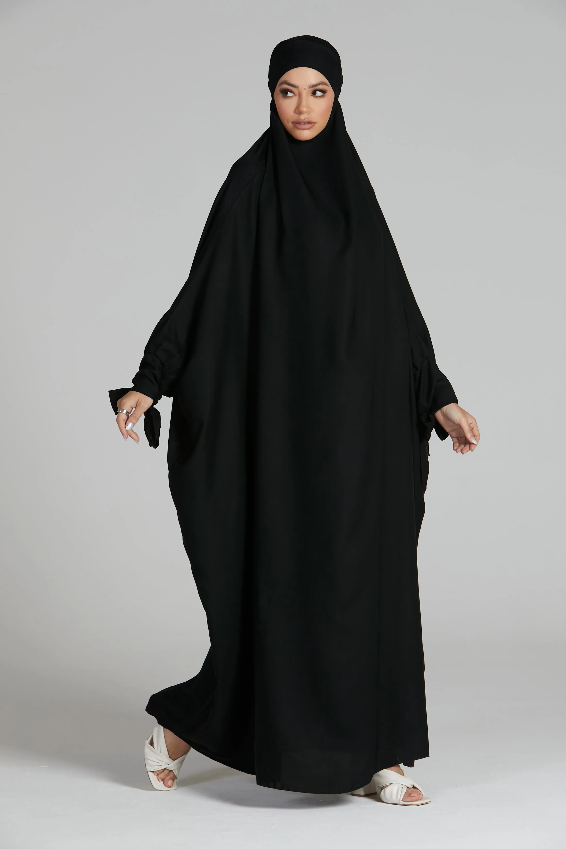 One Piece Full Length Jilbab/Prayer Abaya - Tie Up Cuffs - Black