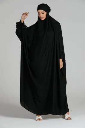 One Piece Full Length Jilbab/Prayer Abaya - Tie Up Cuffs - Black