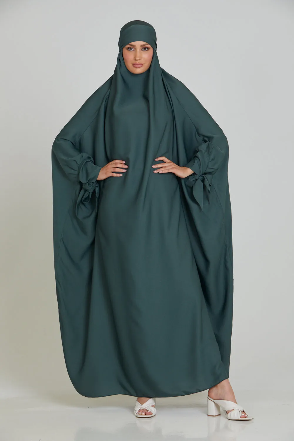 One Piece Full Length Jilbab/Prayer Abaya - Tie Up Cuffs - Bottle Green