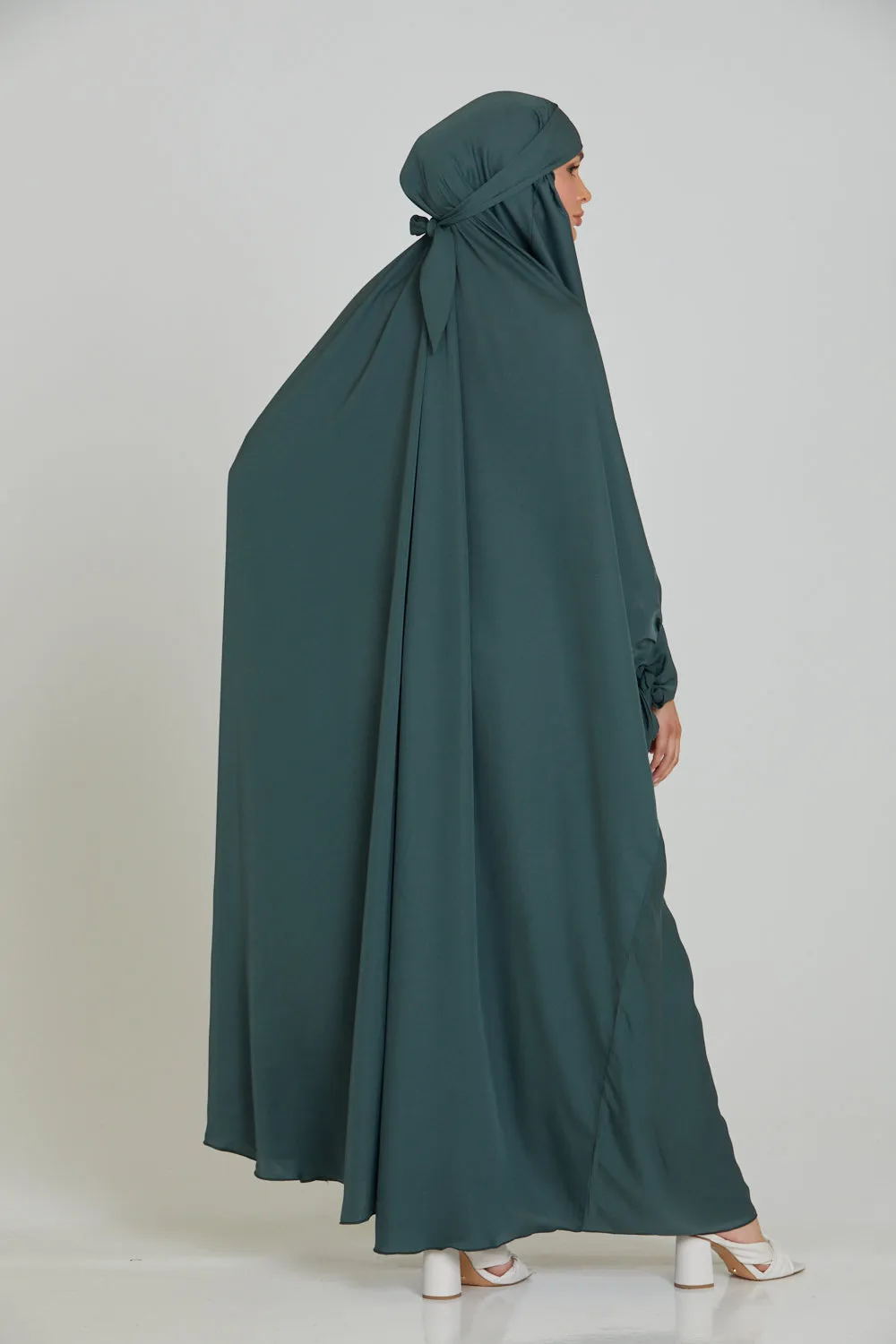 One Piece Full Length Jilbab/Prayer Abaya - Tie Up Cuffs - Bottle Green