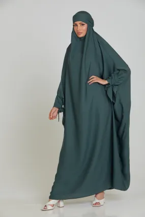 One Piece Full Length Jilbab/Prayer Abaya - Tie Up Cuffs - Bottle Green