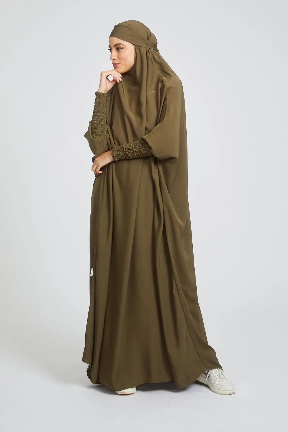 Premium One Piece Full Length Jilbab/ Prayer Abaya - Dark Olive Green