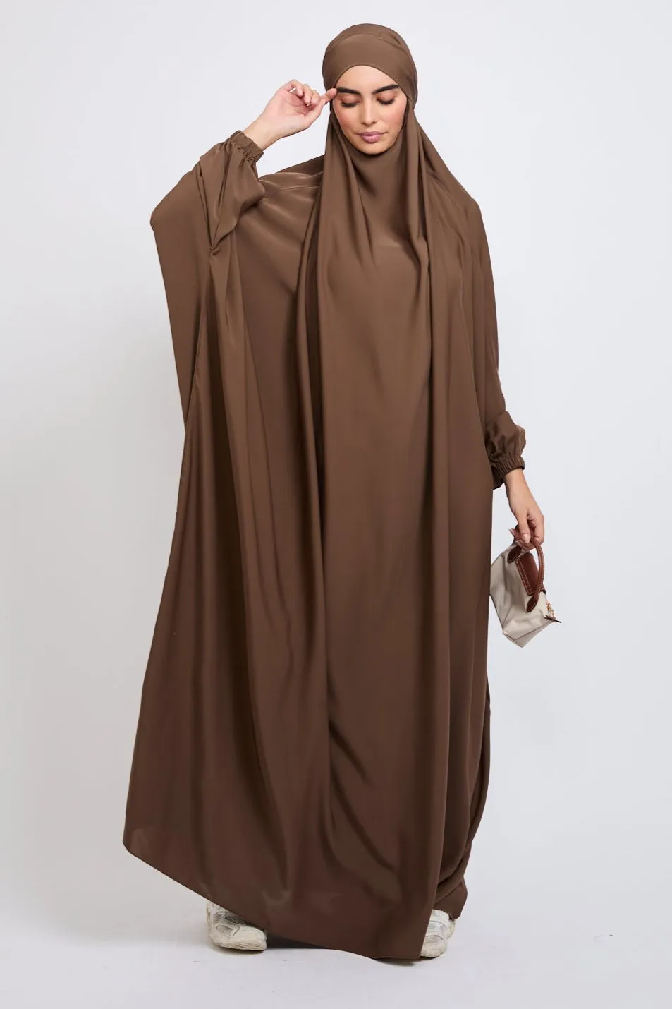 Premium One Piece Full Length Jilbab/ Prayer Abaya - Elasticated Cuff - Pecan