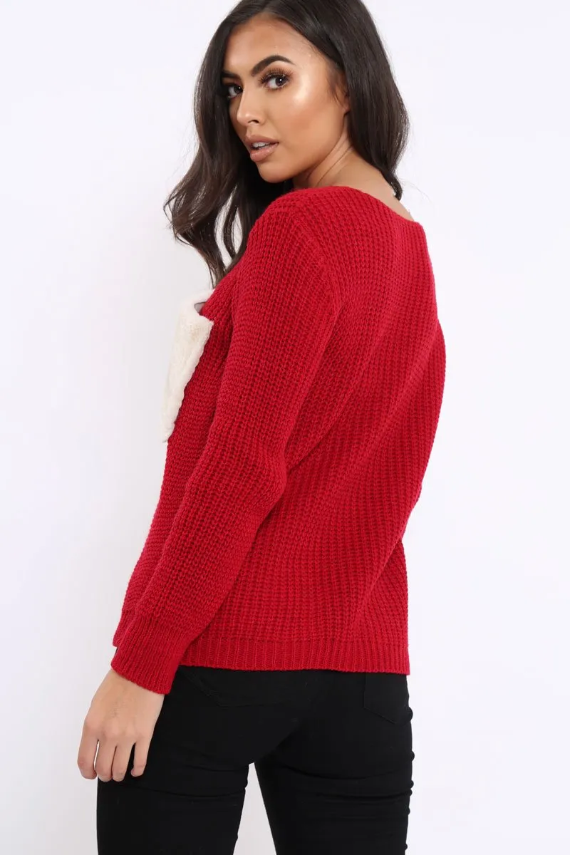 Red Chunky Knit Fur Pocket Jumper - Alois