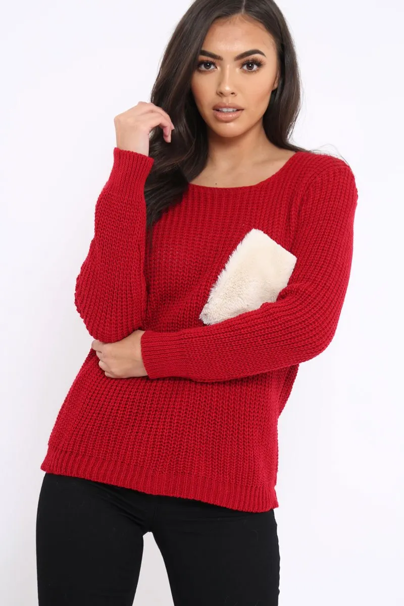 Red Chunky Knit Fur Pocket Jumper - Alois