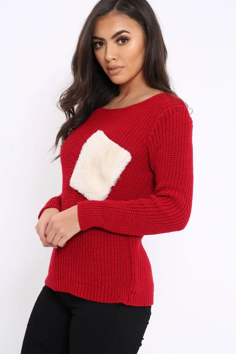 Red Chunky Knit Fur Pocket Jumper - Alois