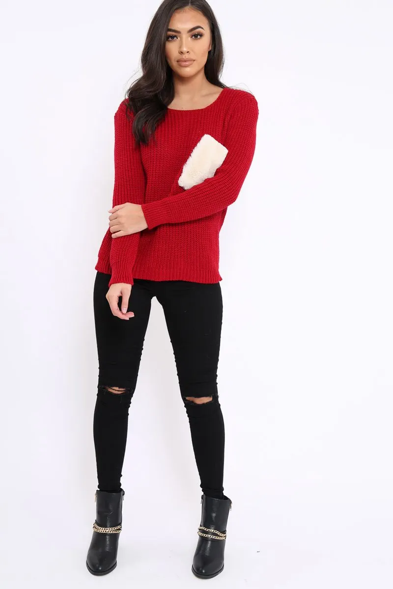 Red Chunky Knit Fur Pocket Jumper - Alois