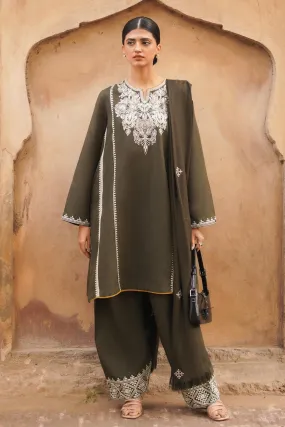 ZARA SHAH JAHAN - 3PC DHANAK EMBROIDERED SHIRT WITH DHANAK EMBROIDERED SHAWL AND TROUSER - HZG1432