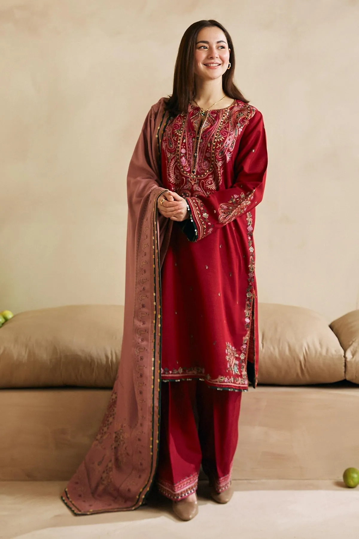 ZARA SHAH JAHAN - 3PC DHANAK EMBROIDERED SHIRT WITH TWILL PRINTED DUAPTTA AND TROUSER - HZG1503