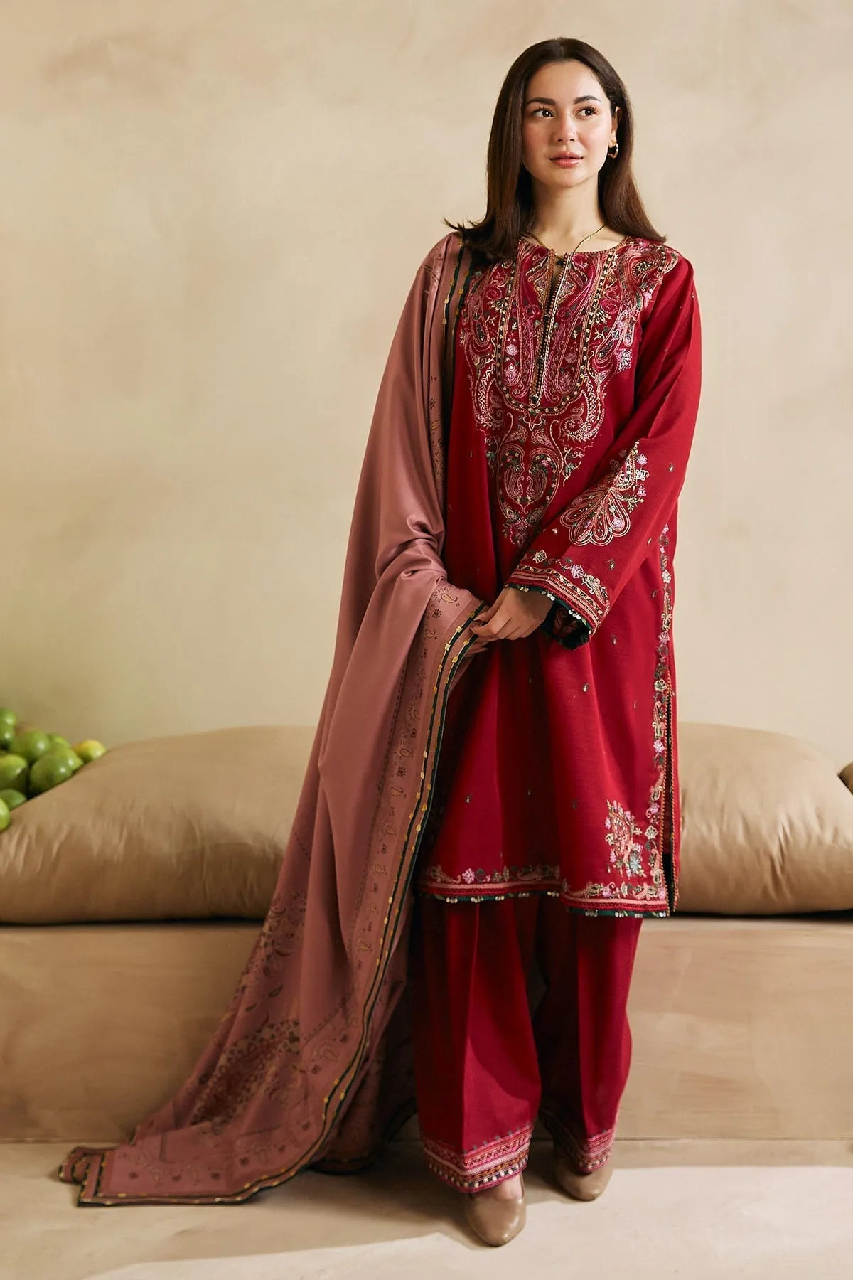 ZARA SHAH JAHAN - 3PC DHANAK EMBROIDERED SHIRT WITH TWILL PRINTED DUAPTTA AND TROUSER - HZG1503