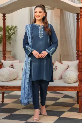 ZIVA - 3PC DHANAK EMBROIDERED SHIRT WITH TWILL PRINTED SHAWL AND TROUSER - HZG1542