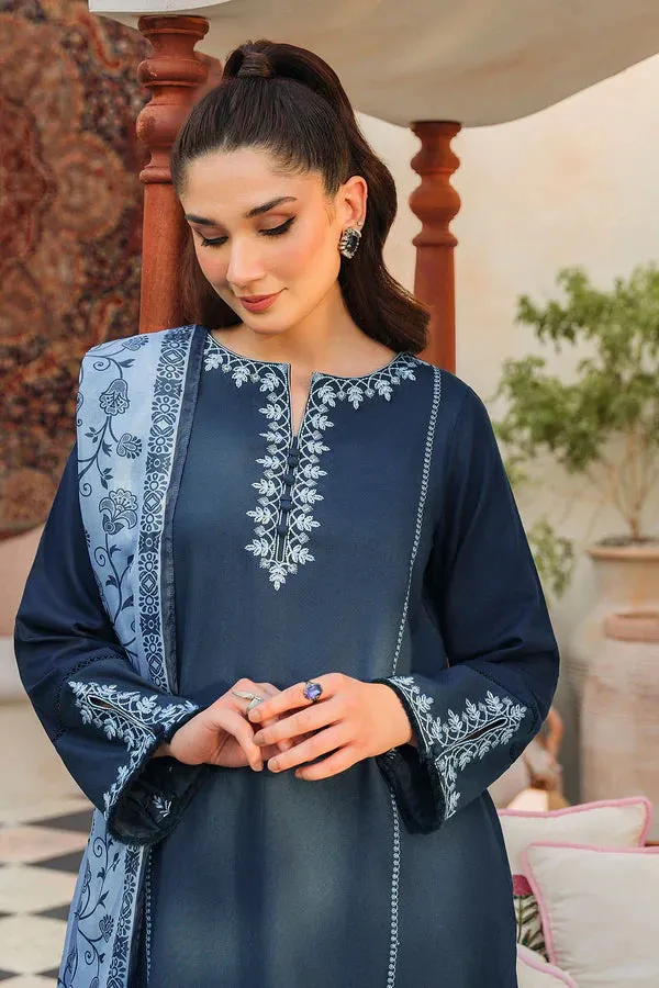 ZIVA - 3PC DHANAK EMBROIDERED SHIRT WITH TWILL PRINTED SHAWL AND TROUSER - HZG1542